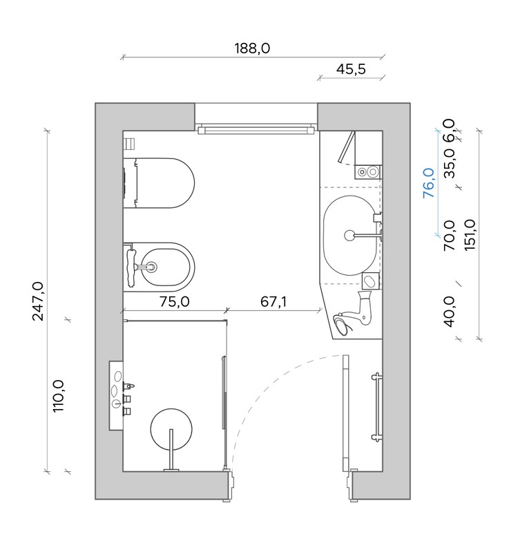 Pianta quotata di un bagno piccolo con wc, bidet, lavabo e doccia: layout a corridoio da 188 cm