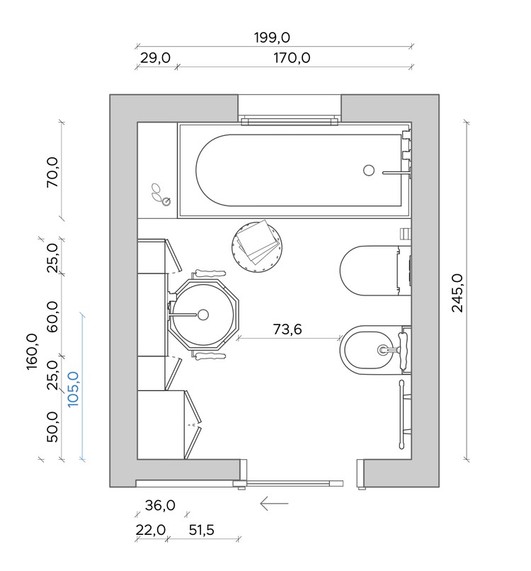Pianta quotata di un secondo bagno piccolo con vasca, wc, bidet e doppio lavabo: layout quadrato da 199 cm