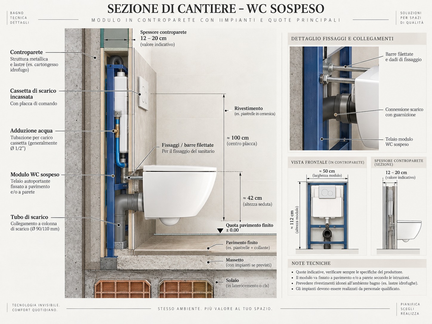 Sezione di cantiere di un WC sospeso con telaio, cassetta incassata, scarico e quote principali della contropareta