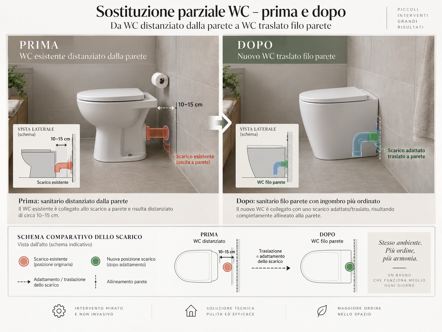 Prima e dopo della sostituzione parziale di un WC: da sanitario distanziato dalla parete a WC traslato filo parete con scarico adattato